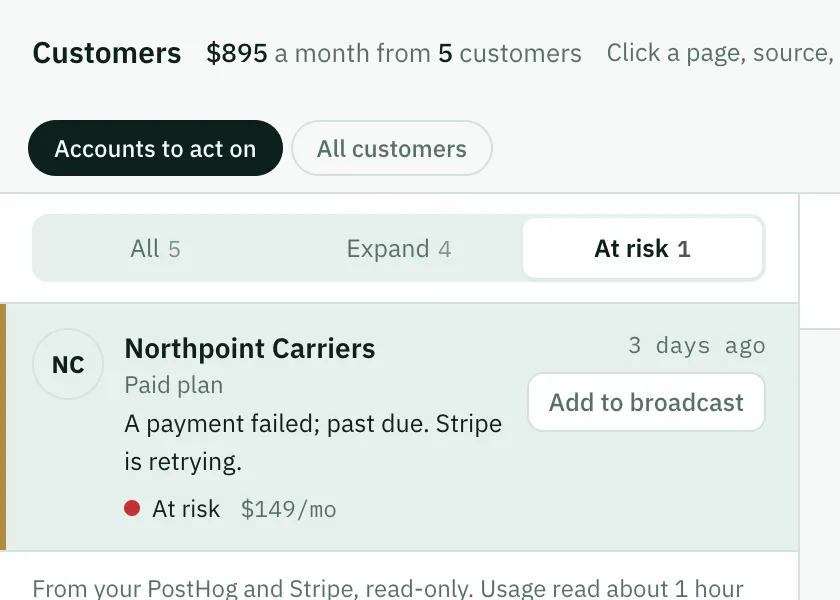 Revenue › Customers, At risk: “A payment failed; past due. Stripe is retrying.” Sample data.